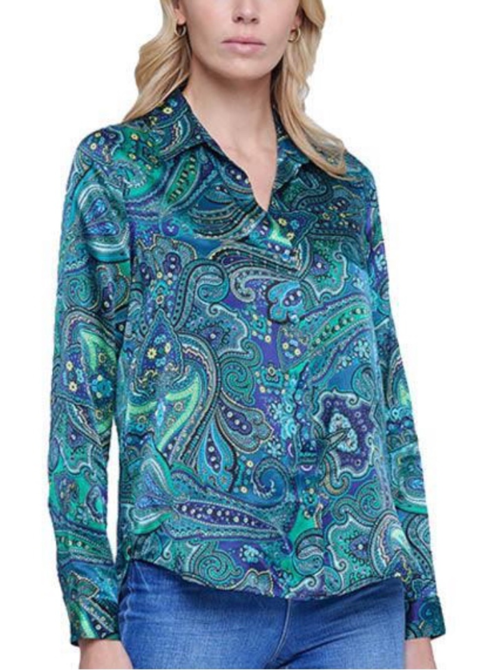 L’Agence Tyler Silk Blouse Deep Lagoon Paisley Bandana Button Up Long Sleeve XST - Picture 2 of 16
